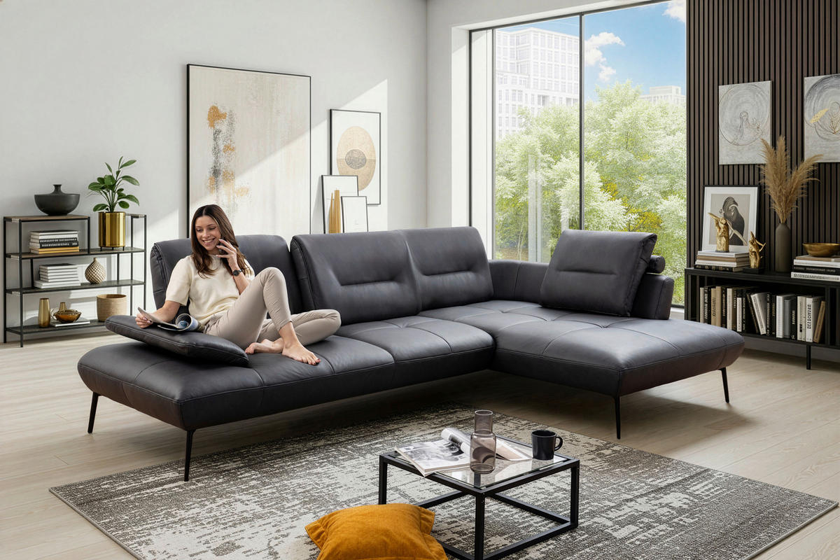 ECKSOFA Anthrazit Echtleder Rücken echt, Sitztiefenverstellung  - Anthrazit/Schwarz, Design, Leder/Metall (320/190cm) - Moderano