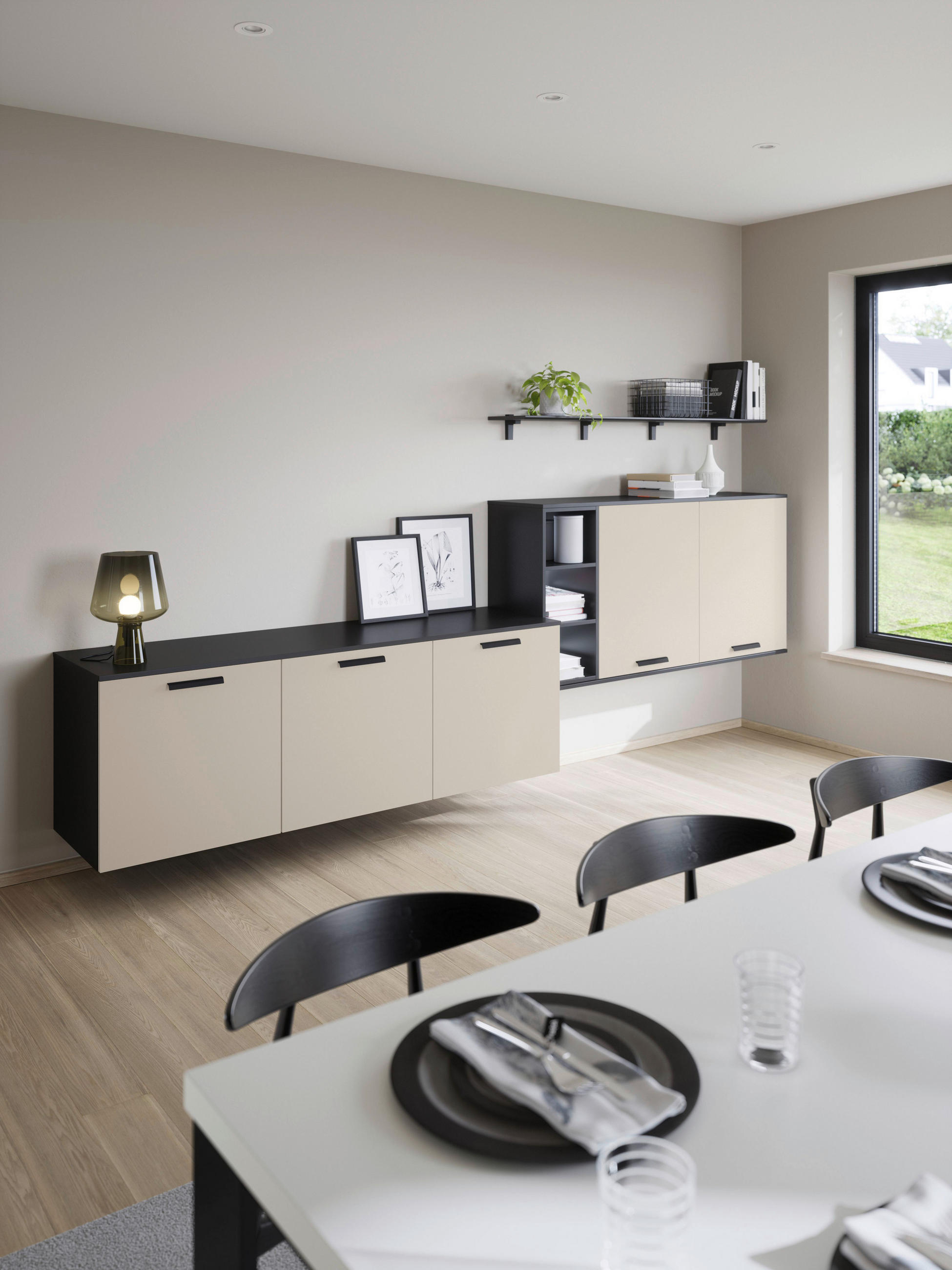 WOHNWAND  in Schwarz, Sandfarben  331/110/48,5 cm  - Sandfarben/Schwarz, Design, Holzwerkstoff/Metall (331/110/48,5cm) - Celina Home