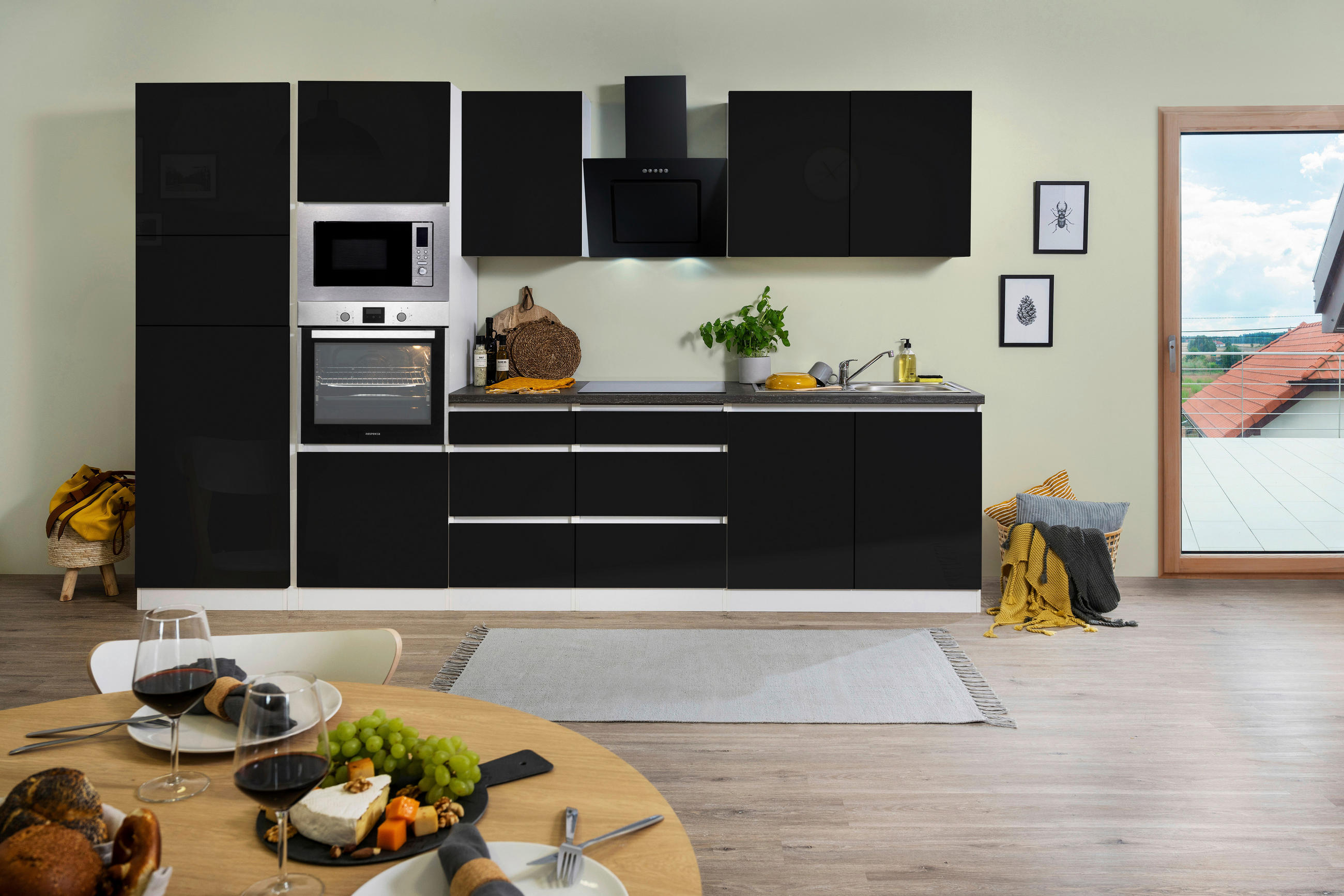 KÜCHENBLOCK 335 cm   in Schwarz Hochglanz  - Schwarz Hochglanz/Graphitfarben, Basics, Holzwerkstoff (335cm) - Respekta