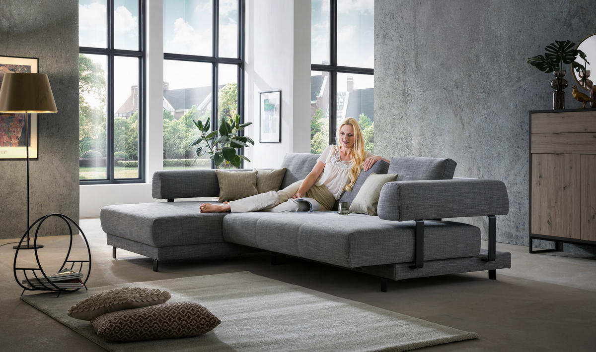 ECKSOFA in Flachgewebe Grau  - Schwarz/Grau, Design, Textil/Metall (202/279cm)