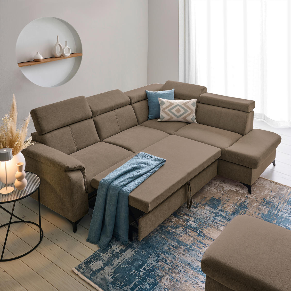 Ecksofa inkl. Funktionen in Chenille Braun, Schlammfarben  - Schlammfarben/Schwarz, Design, Textil/Metall (260/203cm) - Stylife