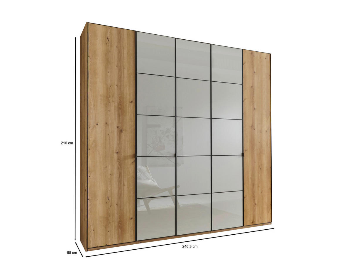 DREHTÜRENSCHRANK in Eiche Bianco, Champagner  - Schieferfarben/Eiche Bianco, Modern, Glas/Holzwerkstoff (250/216/58cm) - Novel