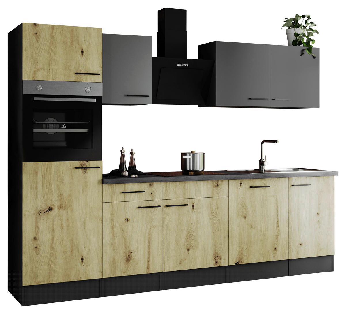 KÜCHENBLOCK 280 cm   in Grau, Eiche Artisan  - Schwarz/Eiche Artisan, Design, Holzwerkstoff/Metall (280cm) - Respekta