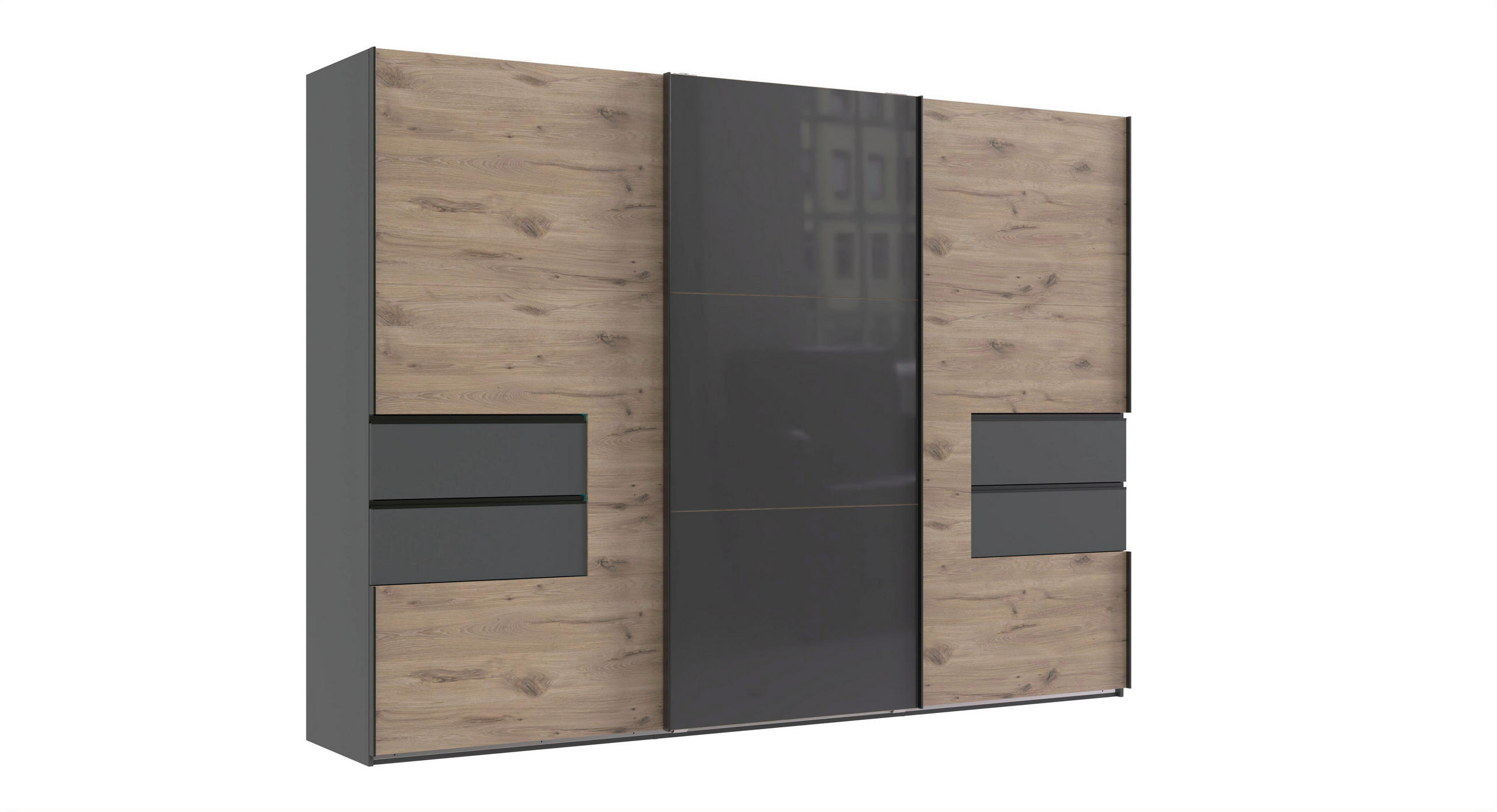 OMARA Z DRSNIMI VRATI, barve grafita, barve hrasta  - črna/barve hrasta, Moderno, kovina/steklo (300/216/65cm) - Hom`in