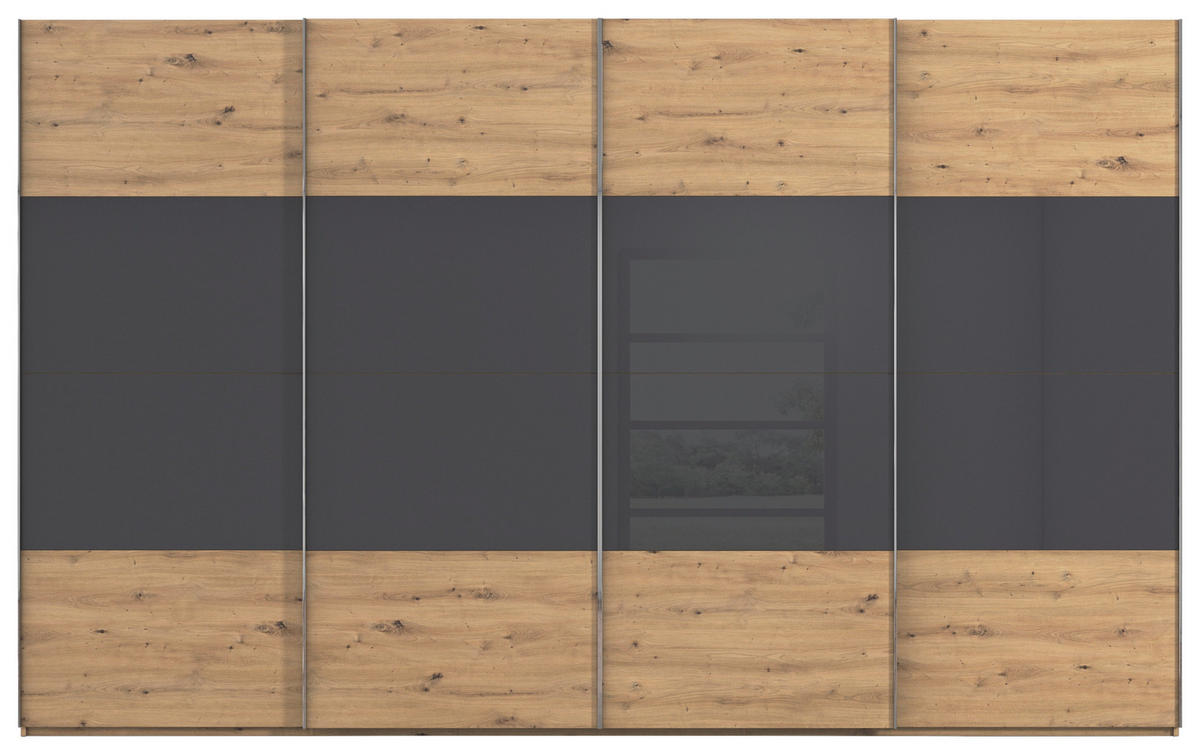 SCHWEBETÜRENSCHRANK 361/223/68 cm 4-türig Schwarz, Eiche Artisan  - Chromfarben/Schwarz, KONVENTIONELL, Glas/Holzwerkstoff (361/223/68cm) - Novel