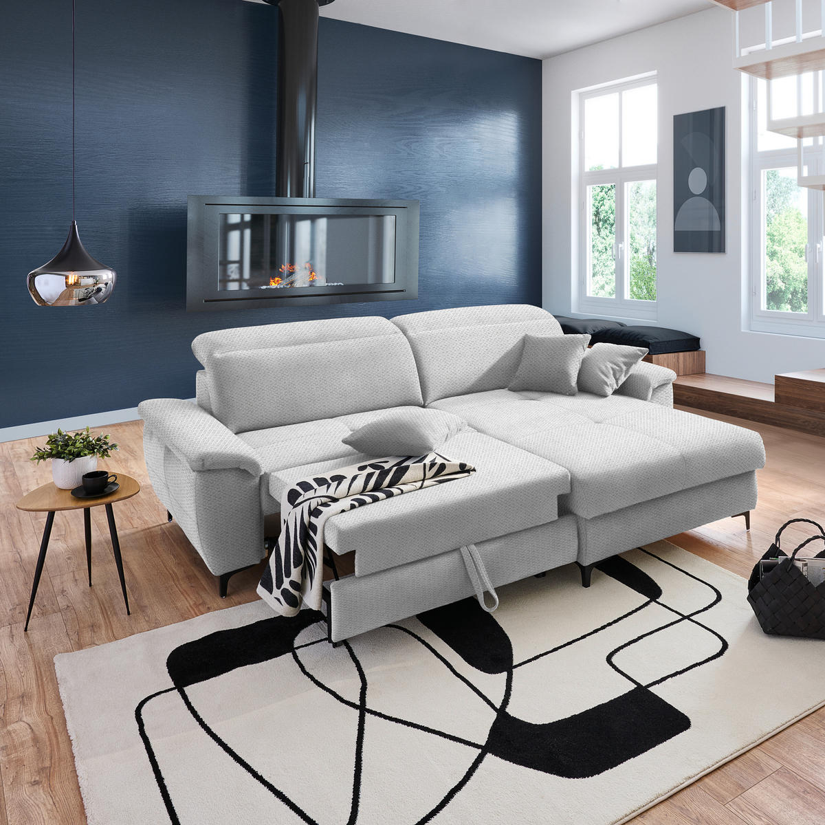 ECKSOFA in Chenille Hellgrau  - Hellgrau/Schwarz, Design, Textil/Metall (185/256cm) - Stylife