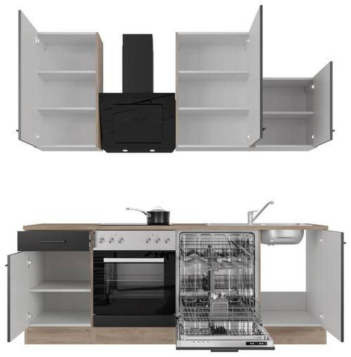 KUCHYŇSKÁ LINKA CAPRI 220 - černá/barvy dubu, Moderní, kov/kompozitní dřevo (220cm) - FlexWell