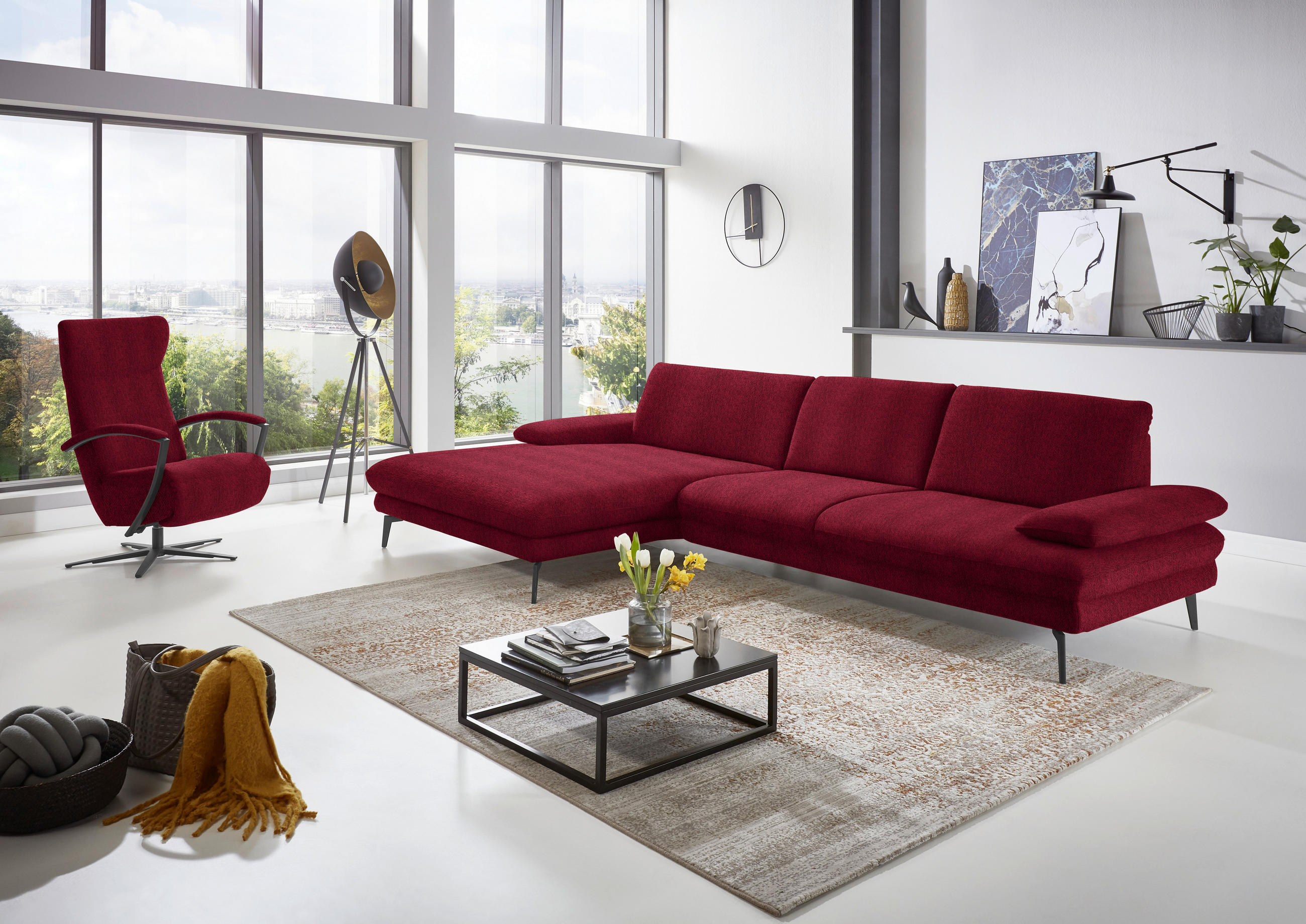 ECKSOFA in Chenille Rot  - Rot/Schwarz, Design, Textil/Metall (180/310cm) - Dieter Knoll