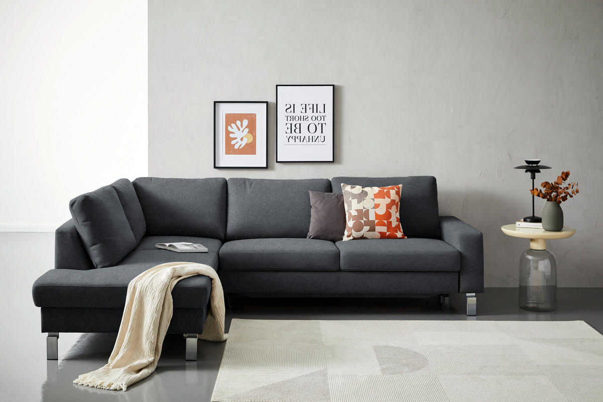 ECKSOFA in Flachgewebe Anthrazit  - Chromfarben/Anthrazit, Design, Textil/Metall (200/276cm) - Hom`in