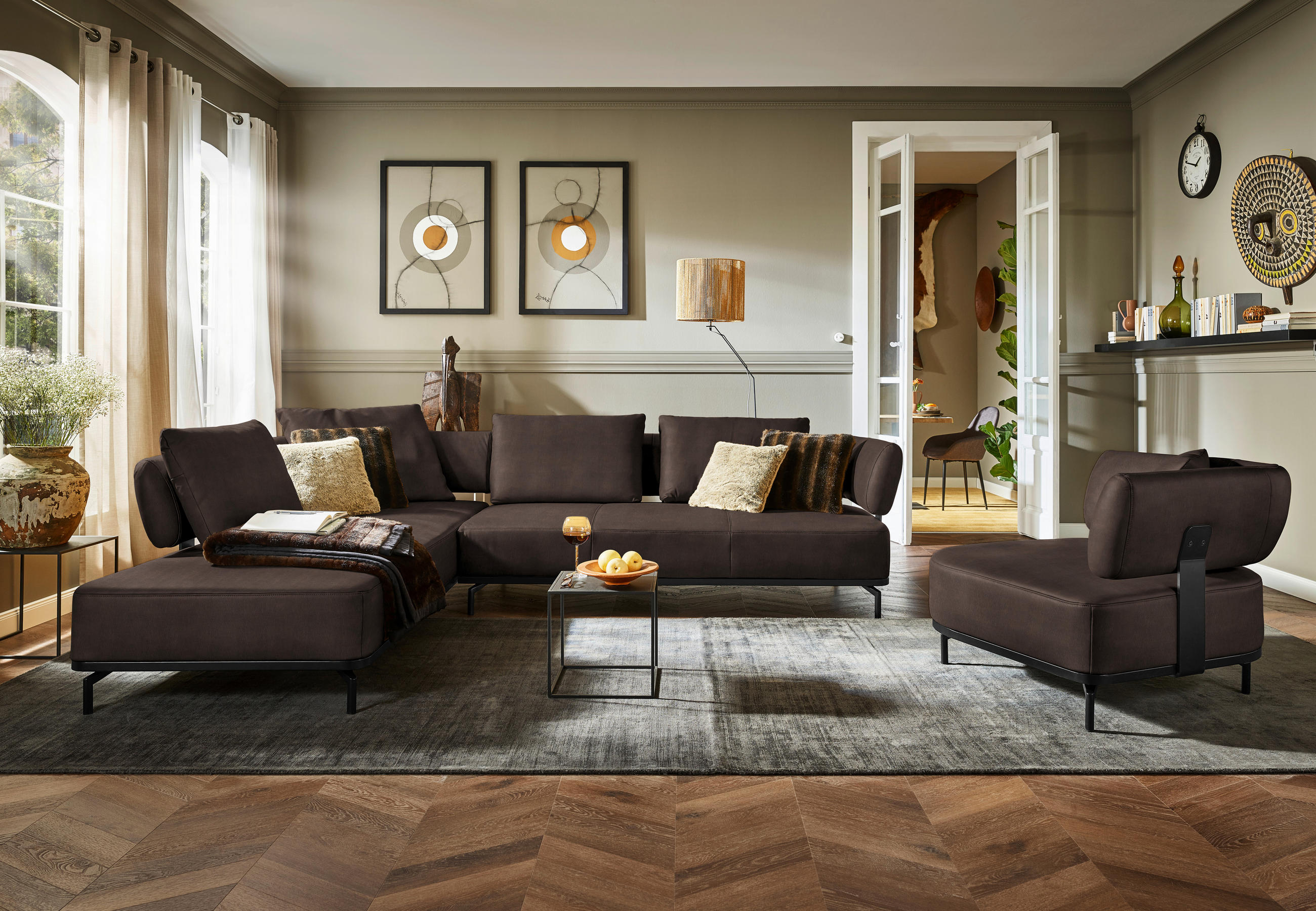 ECKSOFA in Echtleder Dunkelbraun  - Dunkelbraun/Schwarz, Design, Leder/Metall (237/302cm) - Dieter Knoll