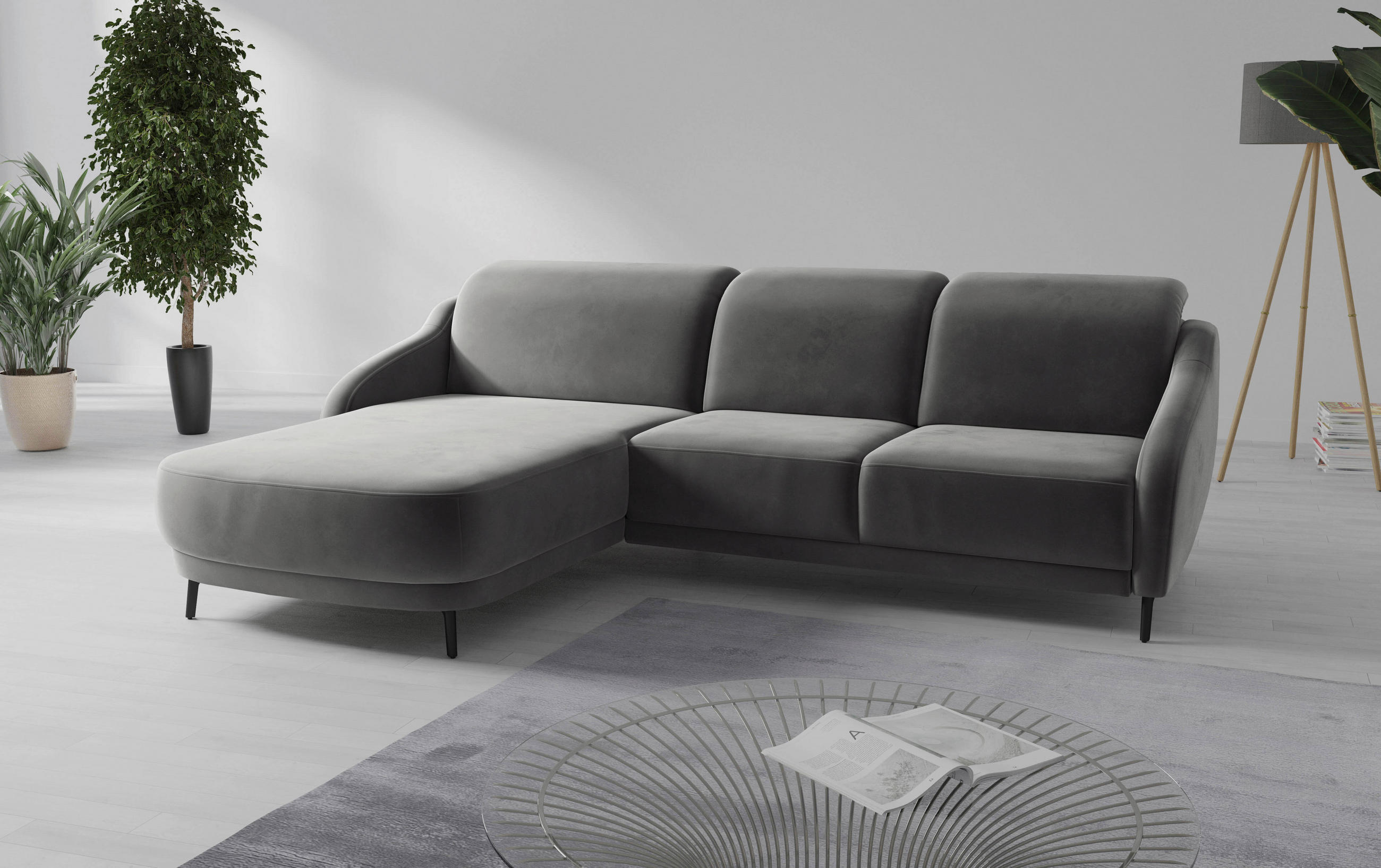 ECKSOFA BLUES V Grau Samt  - Schwarz/Grau, MODERN, Textil/Metall (191/271cm) - Sit & More