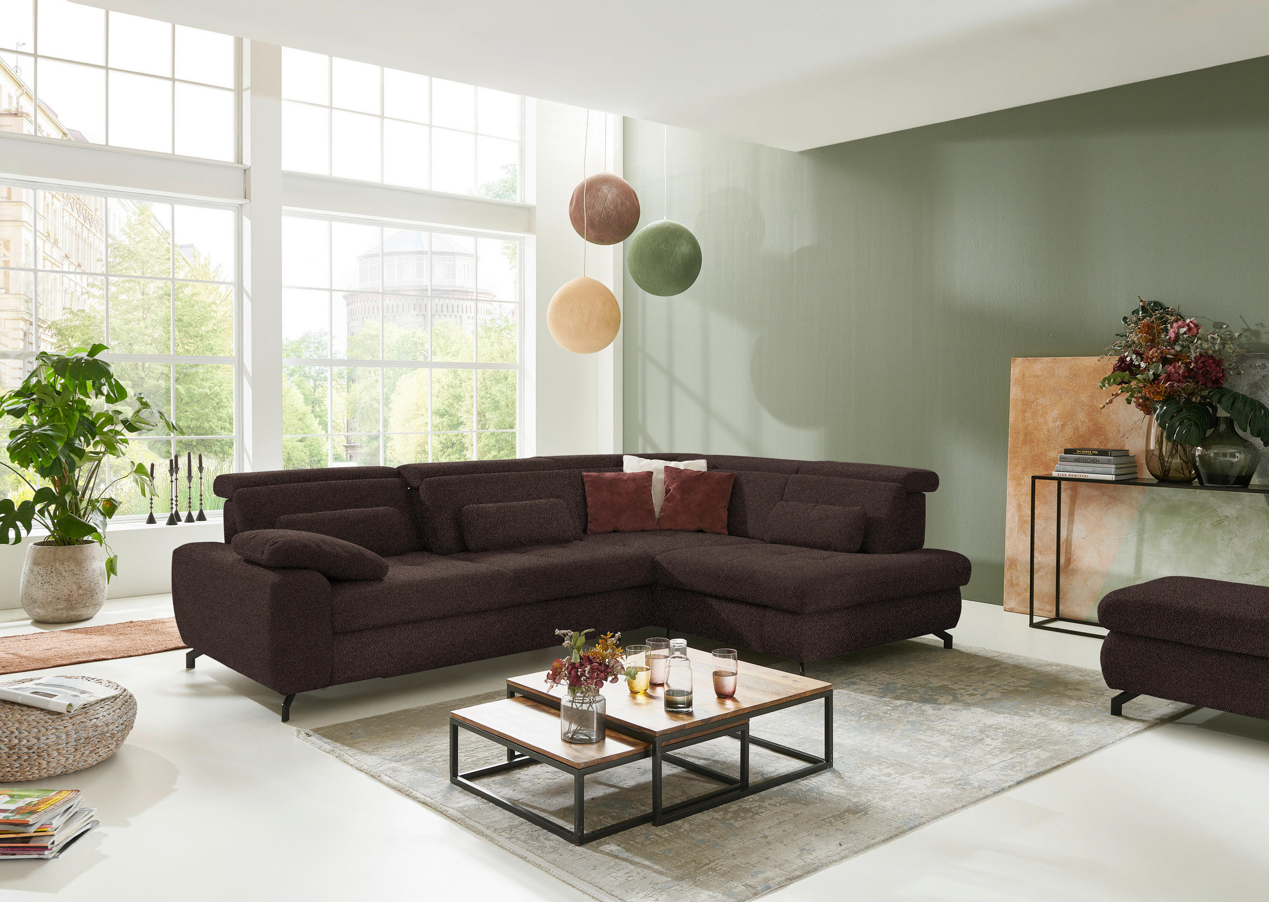 ECKSOFA in Chenille Dunkelbraun  - Dunkelbraun/Schwarz, Design, Textil/Metall (310/220cm) - Beldomo Style