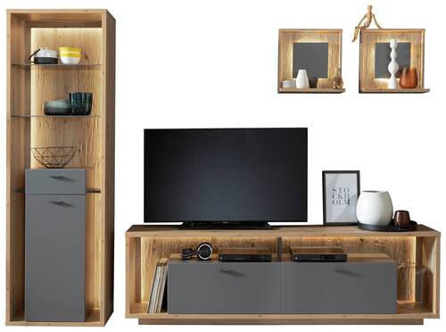 WOHNWAND  in Grau, Eichefarben  286/209/40 cm  - Eichefarben/Grau, Design, Glas/Holzwerkstoff (286/209/40cm) - MID.YOU