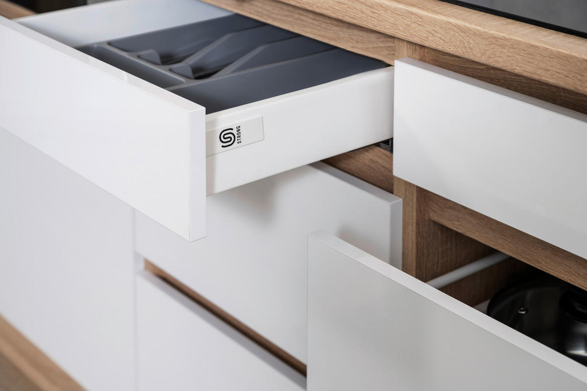 KÜCHENBLOCK 395 cm   Eichefarben, Weiss Hochglanz  - Weiss Hochglanz/Eichefarben, Basics, Holzwerkstoff (395cm) - Respekta