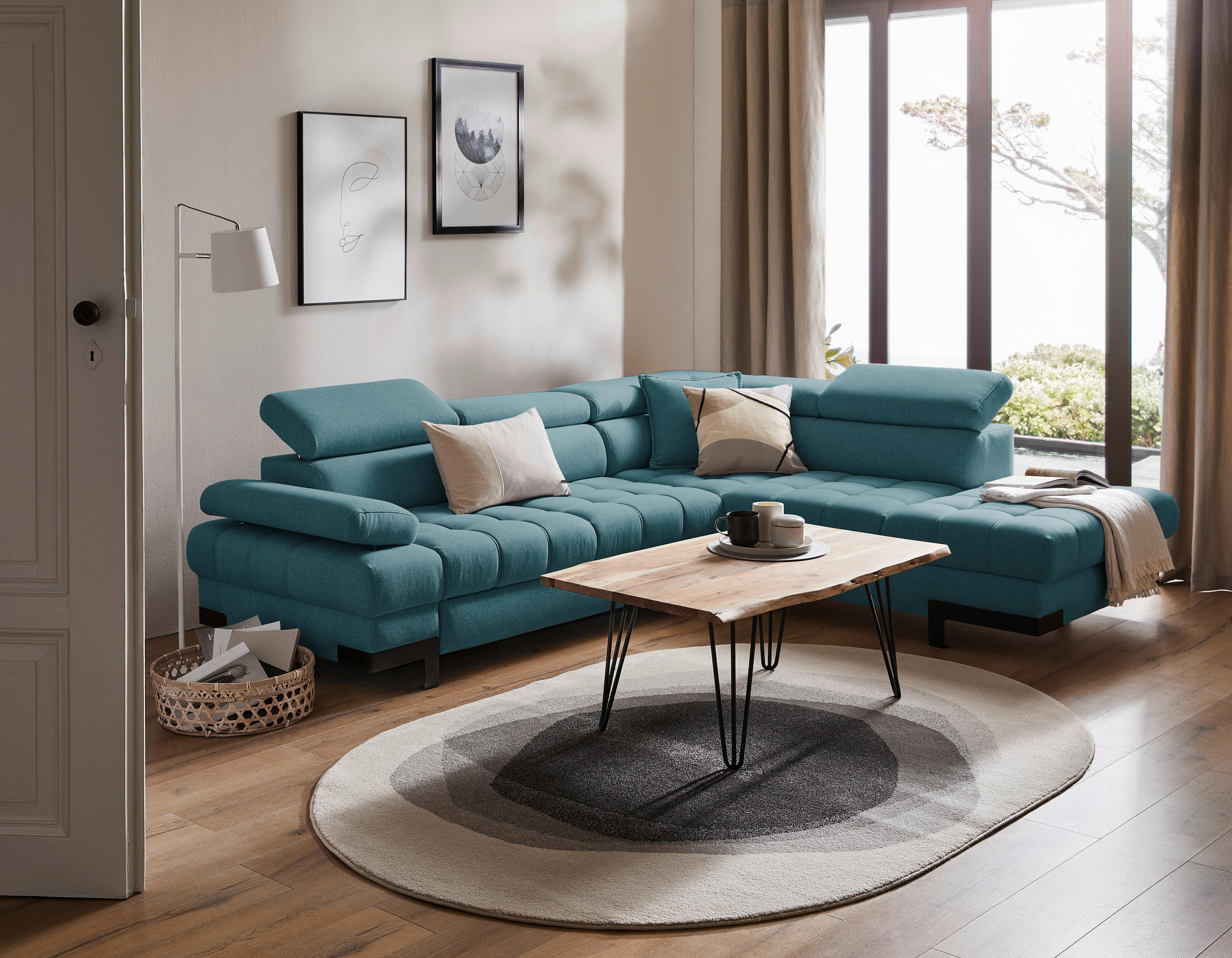 ECKSOFA Petrol Webstoff  - Petrol/Schwarz, Design, Textil/Metall (263/223cm) - Welnova