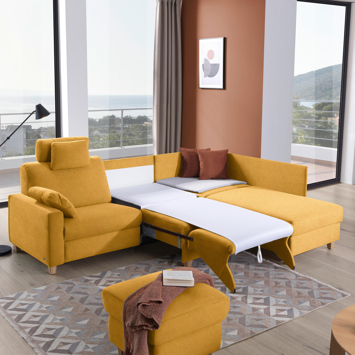 ECKSOFA in Flachgewebe Senfgelb  261/203 cm  - Eichefarben/Senfgelb, KONVENTIONELL, Holz/Textil (261/203cm) - Sedda