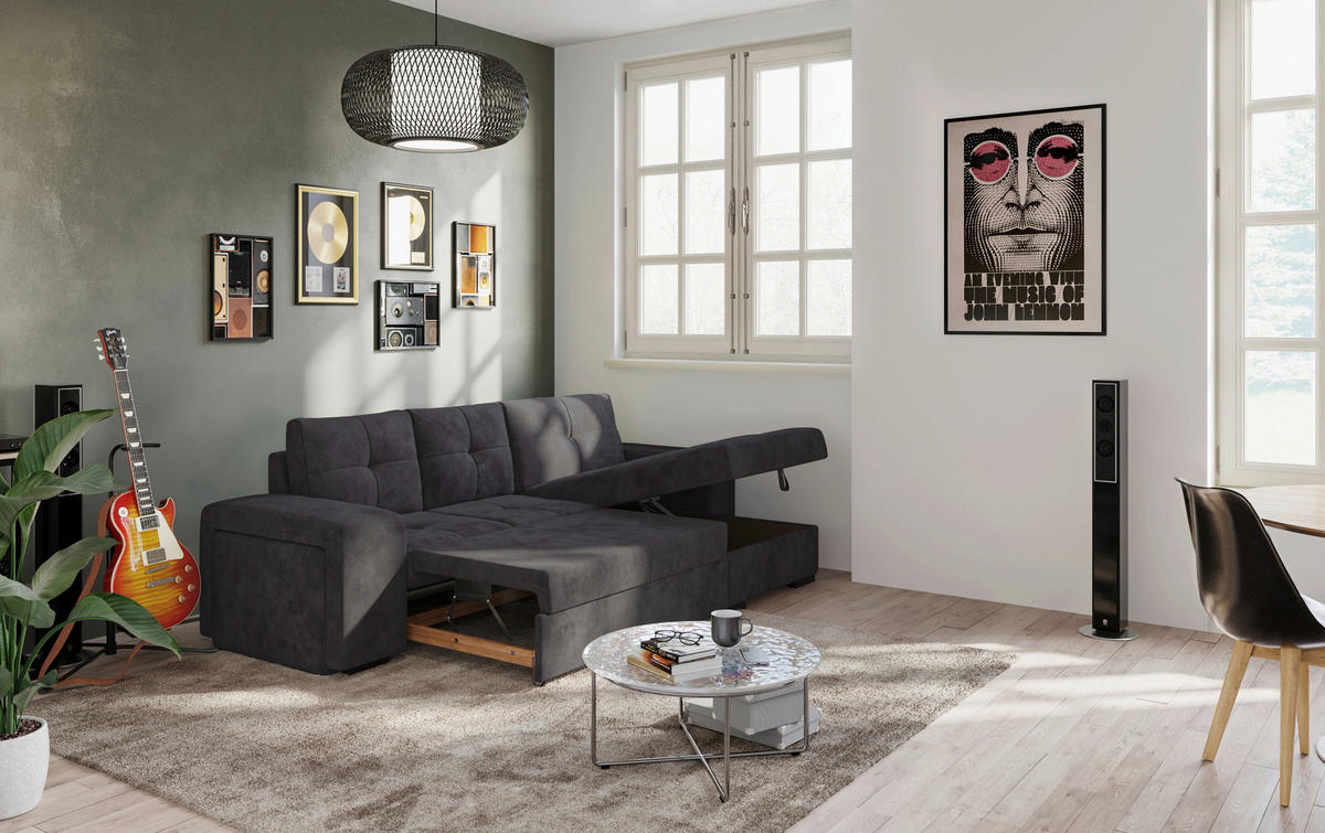 ECKSCHLAFSOFA in Mikrofaser Schwarz  - Schwarz, MODERN, Kunststoff/Textil (268/156cm) - MID.YOU