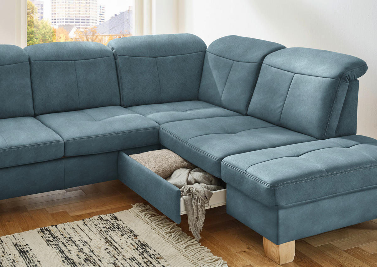WOHNLANDSCHAFT in Mikrofaser Hellblau  - Wildeiche/Beige, Konventionell, Holz/Textil (185/343/243cm) - Voleo