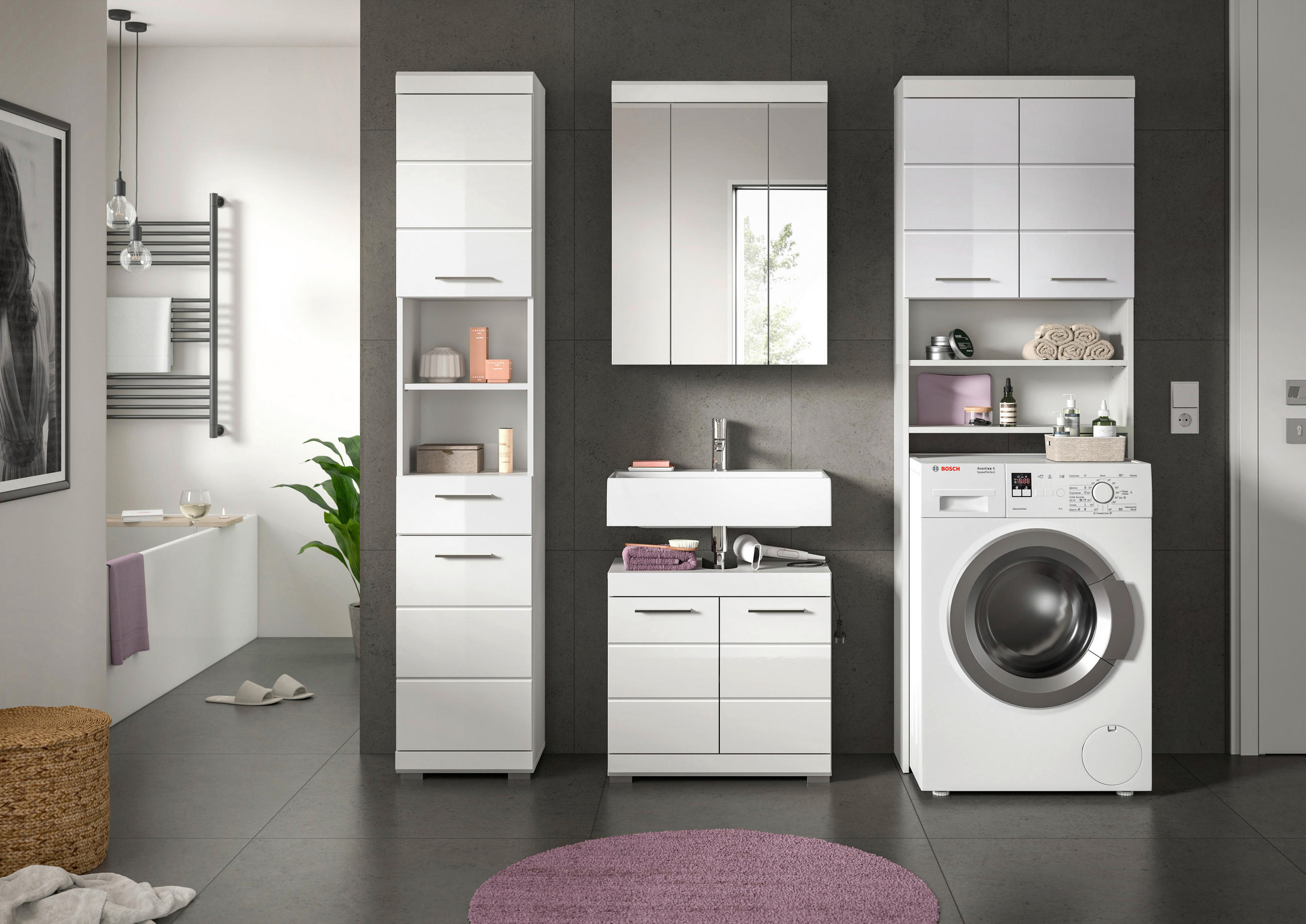 BADEZIMMER 4-teilig  in 160 cm  - Weiß Hochglanz/Silberfarben, MODERN, Glas/Holzwerkstoff (160cm) - MID.YOU