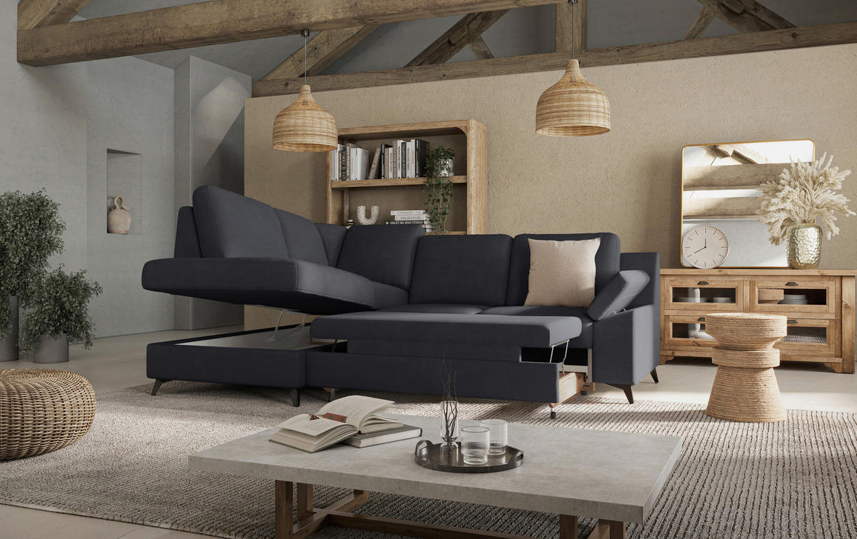 ECKSOFA in Flachgewebe Dunkelblau  - Schwarz/Dunkelblau, Konventionell, Textil/Metall (170/242cm) - Cotta