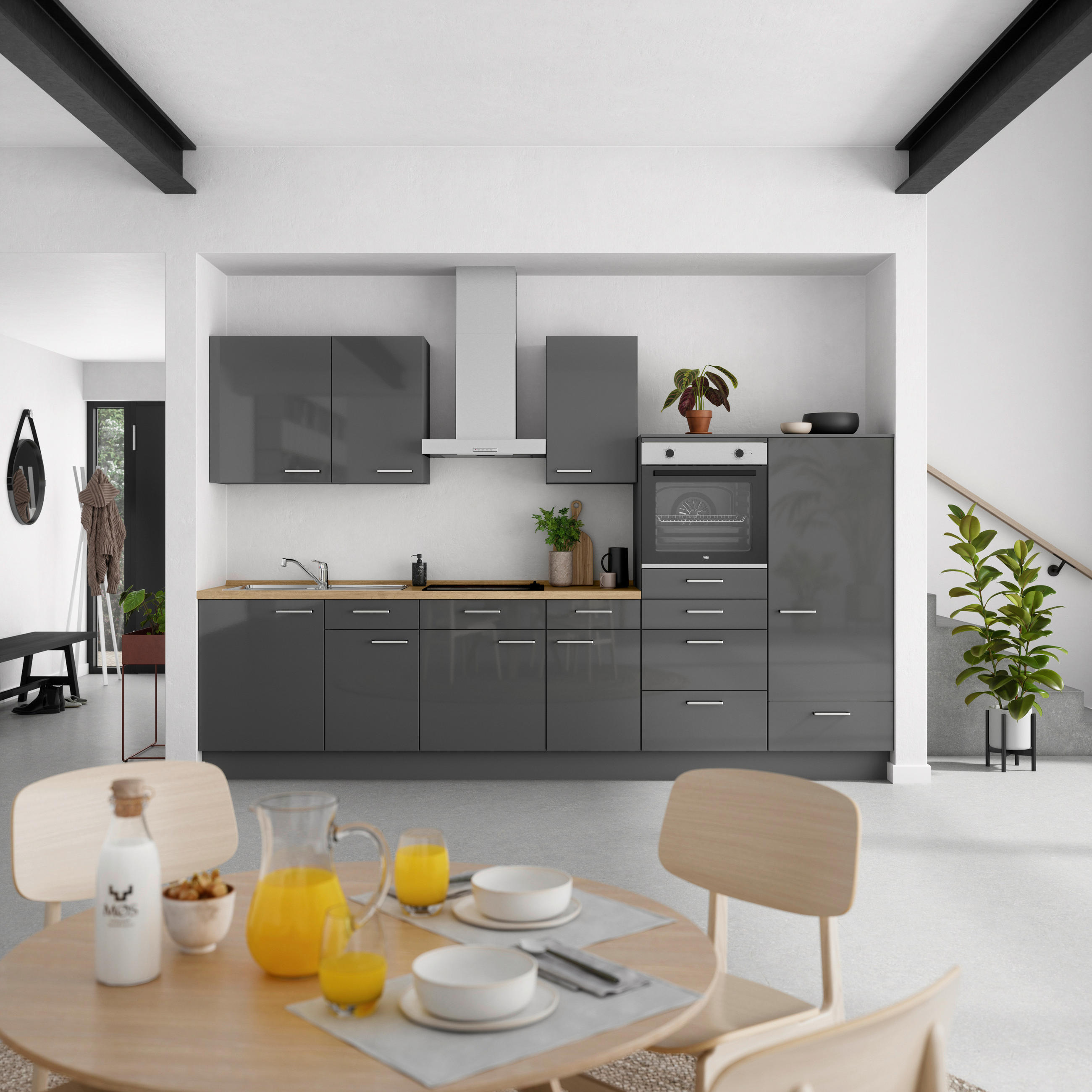 KÜCHENBLOCK Flash 330 cm  in Eichefarben, Schieferfarben  - Schieferfarben/Edelstahlfarben, MODERN, Holzwerkstoff/Metall (330cm) - Nobilia