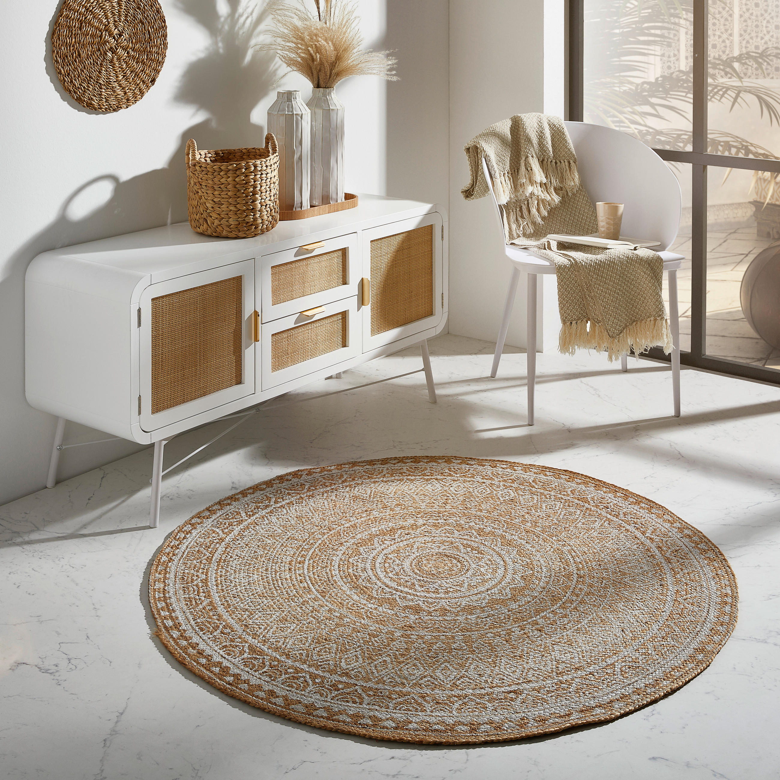 JUTETEPPICH 120 cm Agra White Naturfarben, Weiß - Naturfarben/Weiß, Natur, Textil (120cm) - Linea Natura