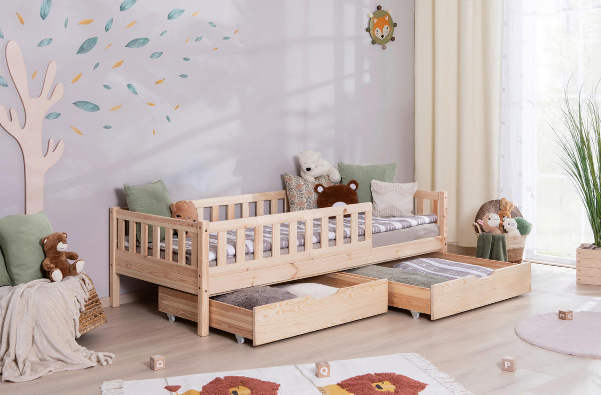HAUSBETT Rollrost, Bettschublade, Absturzsicherung, Matratze 100/200 cm  in Naturfarben  - Weiß/Naturfarben, MODERN, Holz/Textil (100/200cm) - MID.YOU