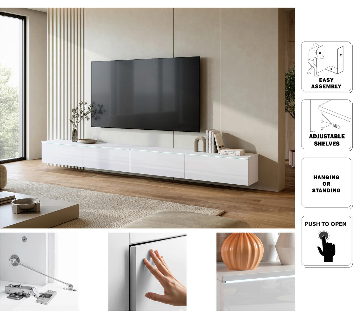 TV-SZEKRÉNY 300/32/33 cm  - magasfényű fehér/fehér, Basics, műanyag/faalapú anyag (300/32/33cm) - P & B