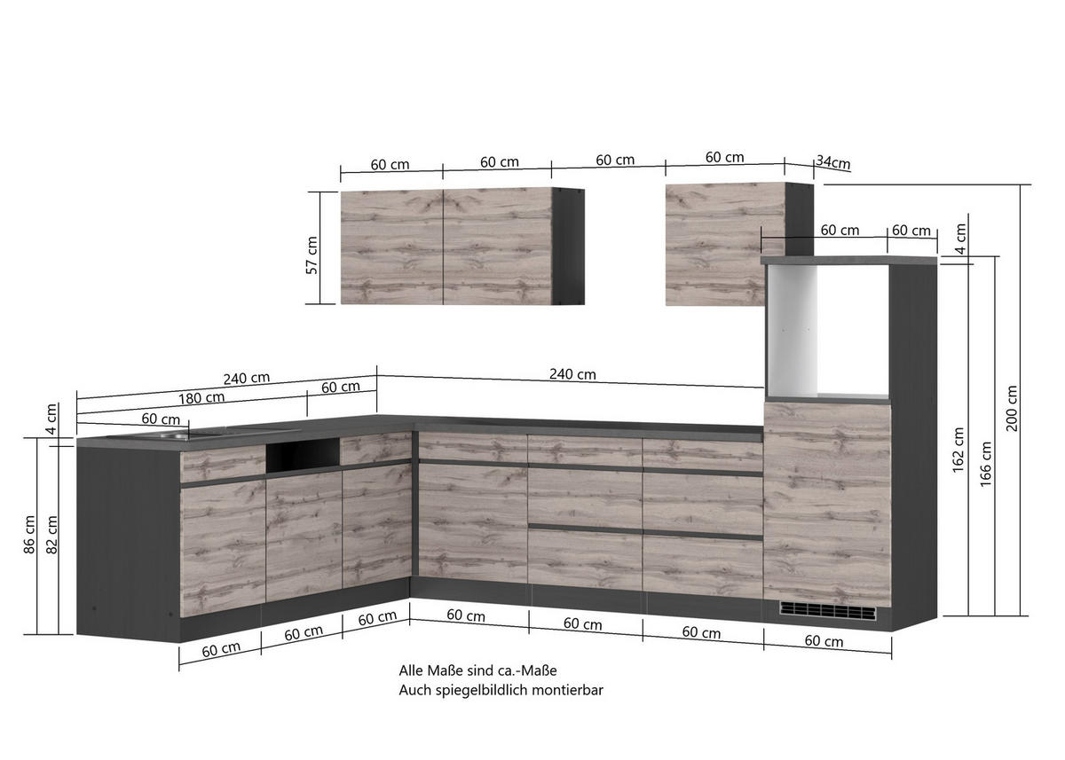 KÜCHENLEERBLOCK  240/300 cm  in Graphitfarben, Eiche Wotan  - Eiche Wotan/Graphitfarben, Design, Holzwerkstoff (240/300cm) - Held