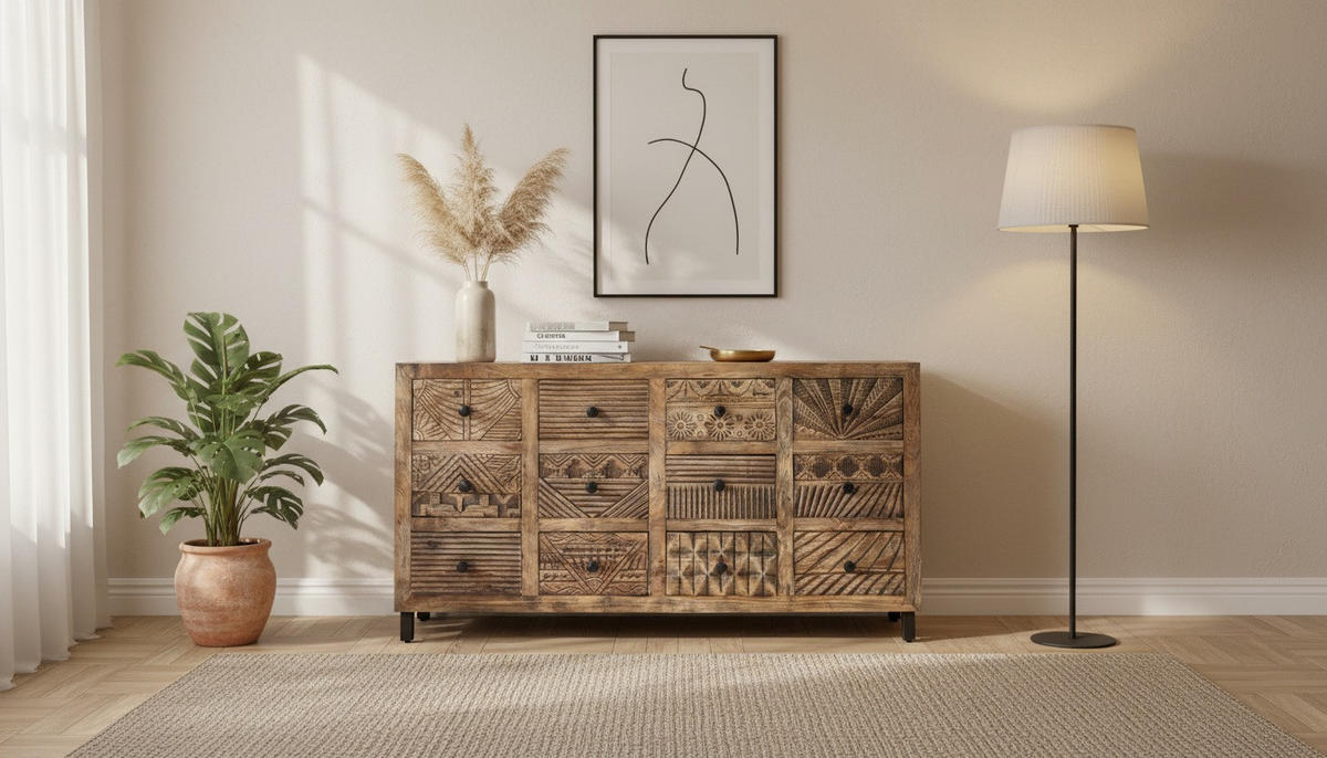 SIDEBOARD  160/86/40 cm 12 Schublade(n)  - Schwarz/Naturfarben, LIFESTYLE, Holz/Metall (160/86/40cm) - Milino