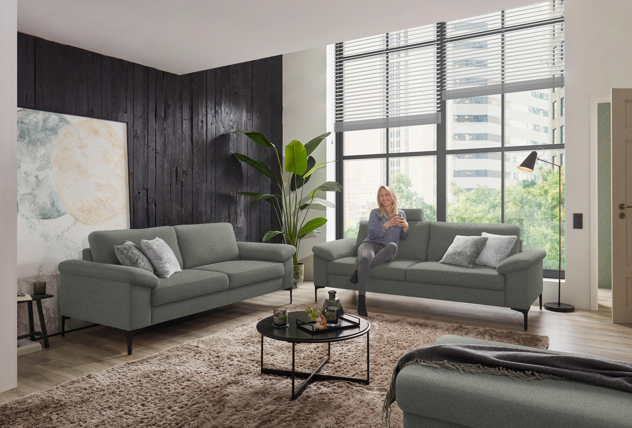 3-SITZER-SOFA in Flachgewebe Graugrün  - Schwarz/Graugrün, Design, Textil/Metall (226/89/97cm) - Pure Home Lifestyle