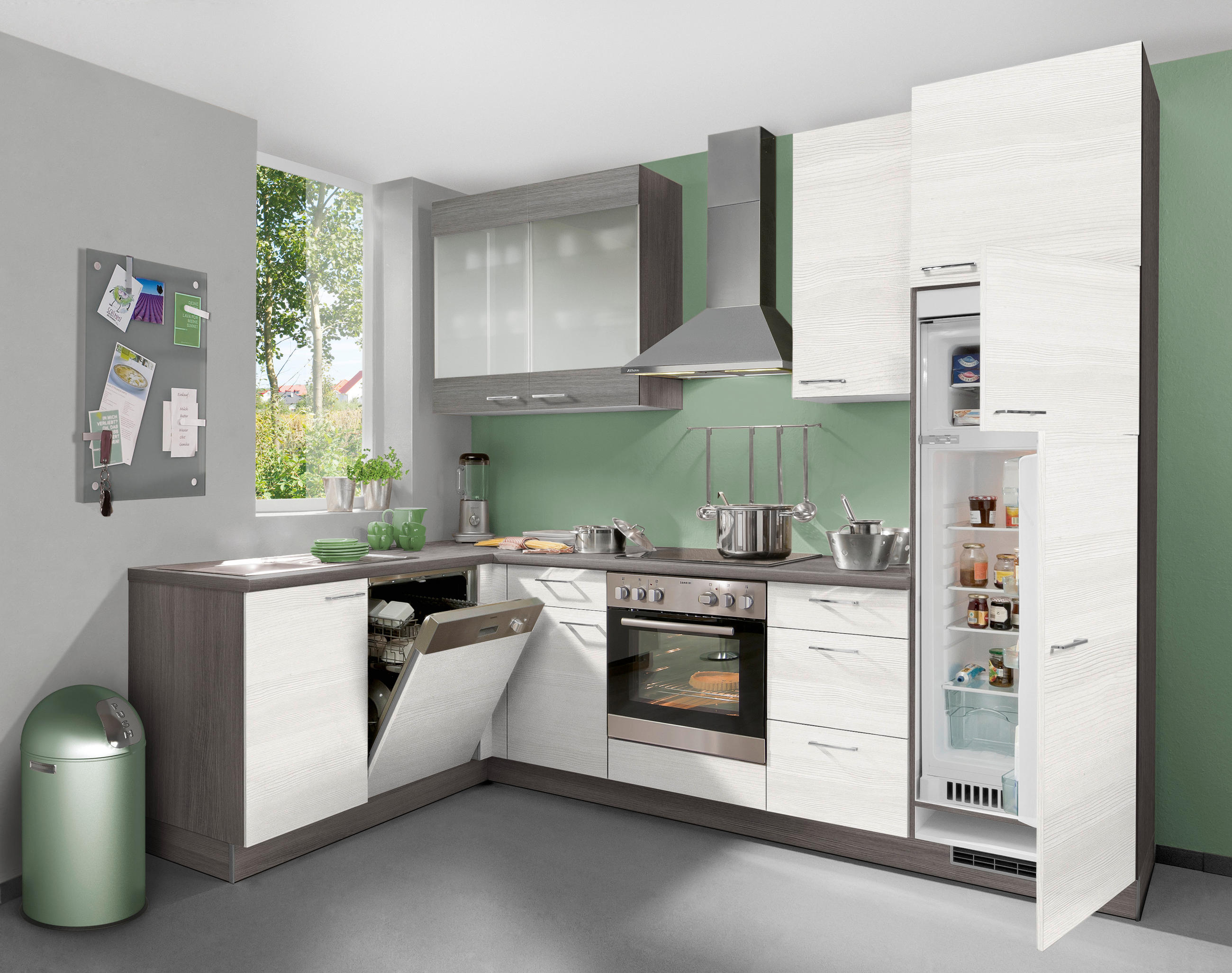 ECKKÜCHE 175/275 cm  in Weiß, Eiche grau  - Edelstahlfarben/Eiche grau, Design, Holzwerkstoff/Metall (175/275cm) - Welnova