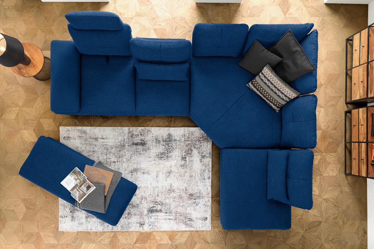 ECKSOFA in Flachgewebe Blau  - Blau/Schwarz, Design, Textil/Metall (344/271cm) - Chilliano