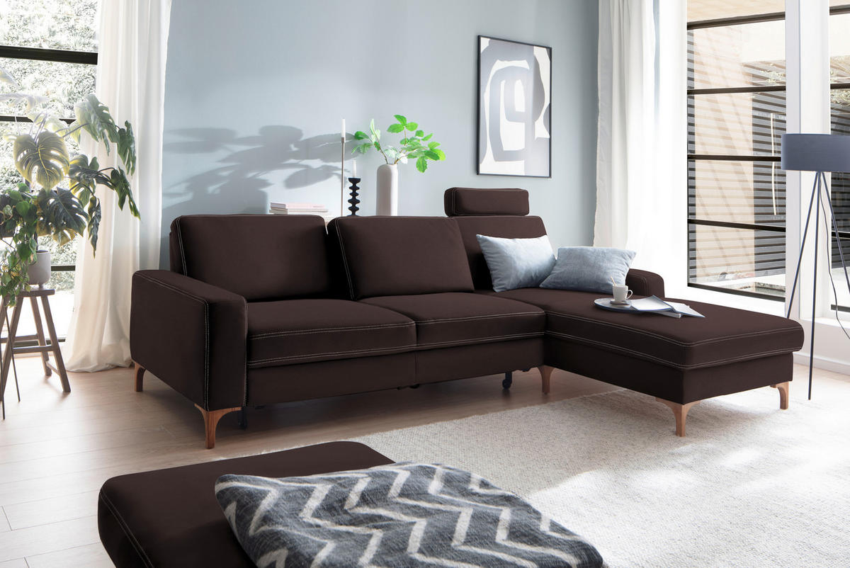 ECKSOFA in Mikrofaser Dunkelbraun  - Eichefarben/Dunkelbraun, Design, Holz/Textil (278/185cm) - Pure Home Lifestyle