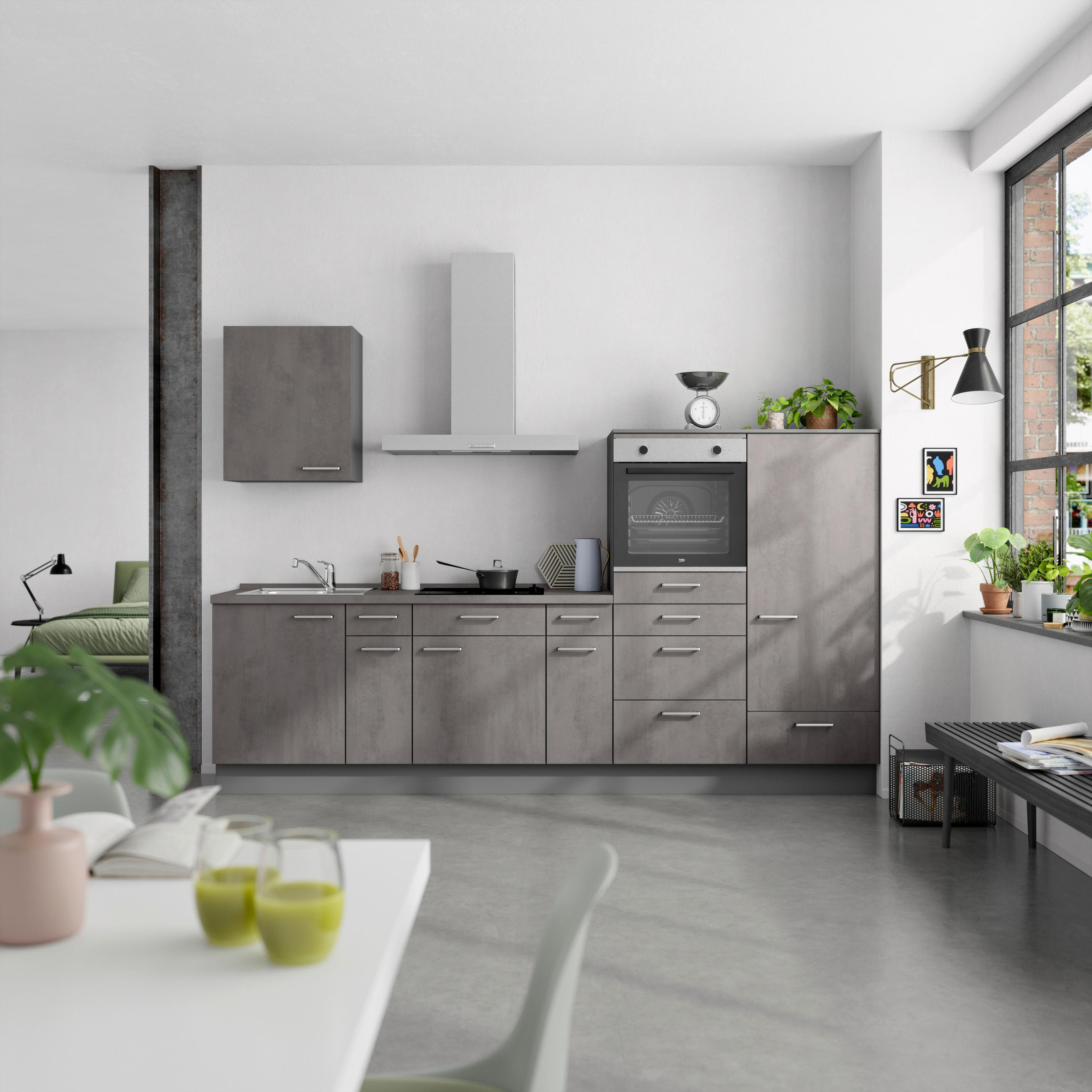 KÜCHENBLOCK Riva 300 cm  in Schieferfarben  - Schieferfarben/Edelstahlfarben, MODERN, Holzwerkstoff/Metall (300cm) - Nobilia
