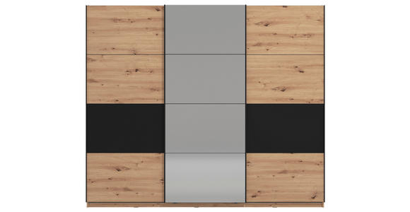 SCHWEBETÜRENSCHRANK 3-türig Schwarz, Eichefarben  - Eichefarben/Schwarz, Basics, Glas/Holzwerkstoff (262,5/224/62,5cm) - Xora