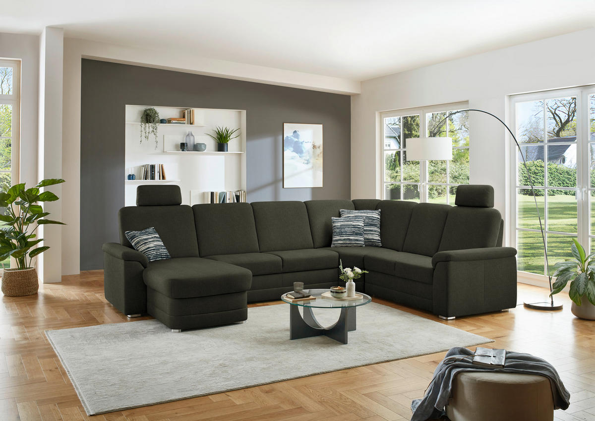 WOHNLANDSCHAFT  in Chenille Dunkelgrün  - Dunkelgrün/Alufarben, KONVENTIONELL, Holz/Textil (160/329/235cm) - Beldomo Comfort