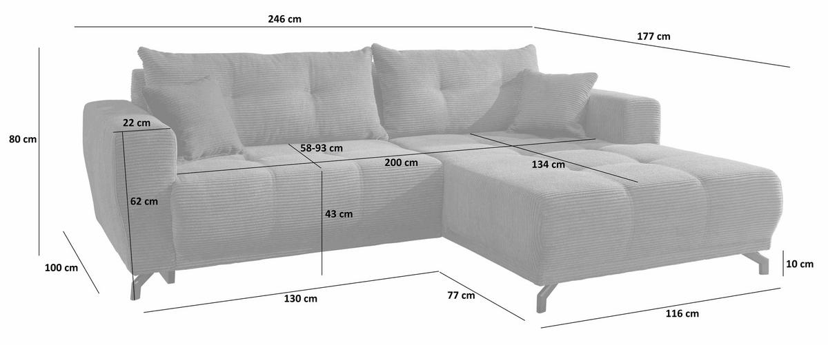 ECKSOFA in Cord Graubraun  - Graubraun/Schwarz, Modern, Holz/Textil (246/177cm) - MID.YOU