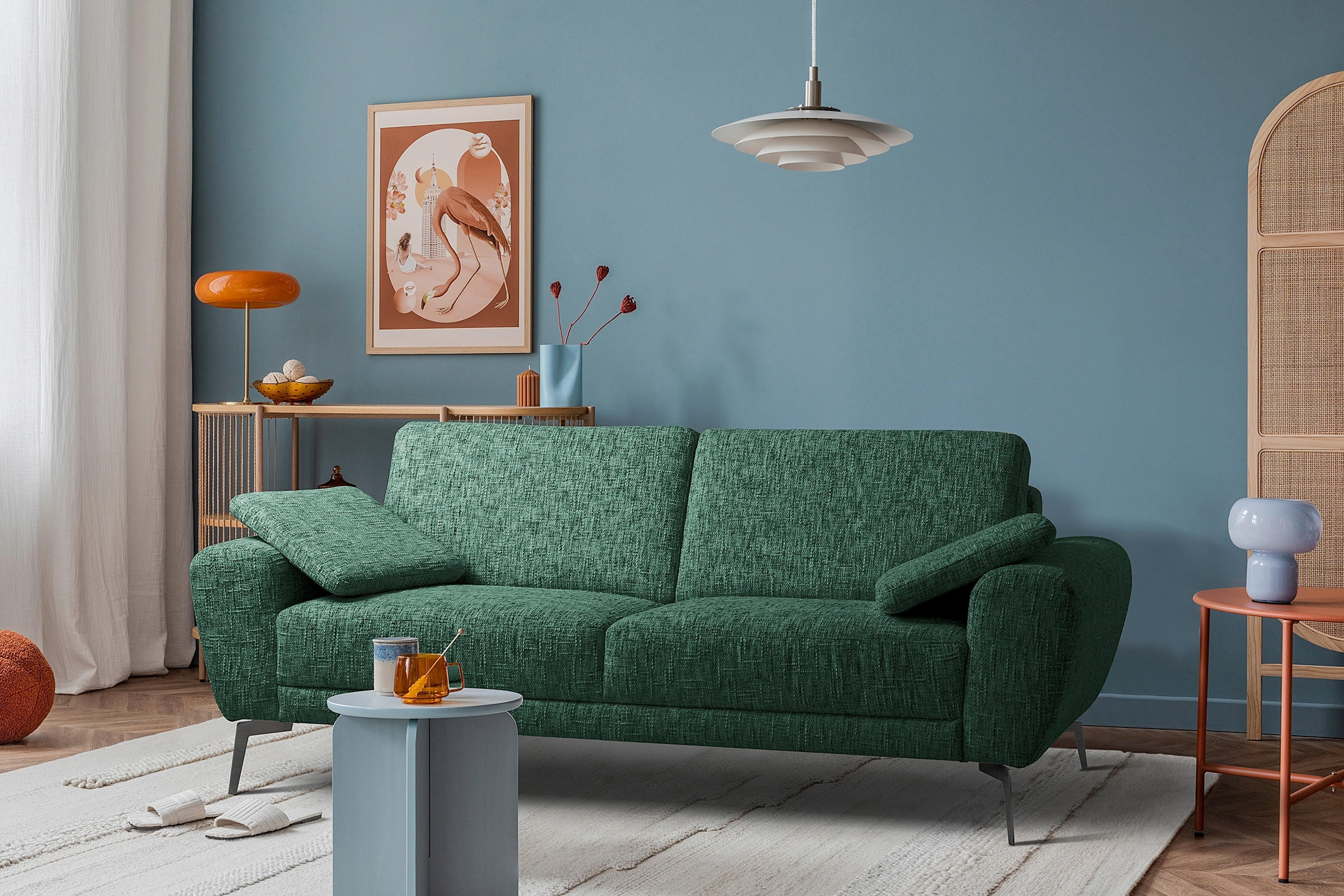 3-SITZER-SOFA SPRING Webstoff Grün  - Schwarz/Grün, Design, Textil/Metall (187/85/92cm) - Livetastic