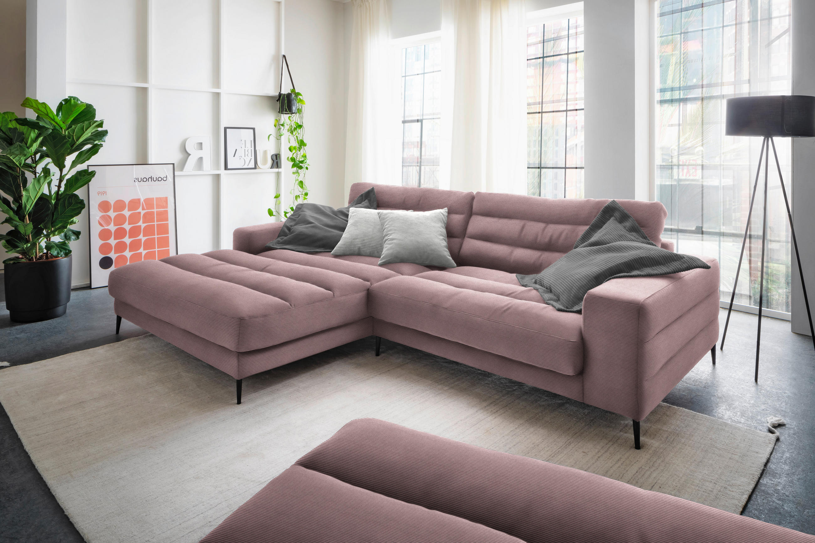 ECKSOFA in Cord Altrosa  - Schwarz/Altrosa, Design, Textil/Metall (207/296cm) - Dieter Knoll