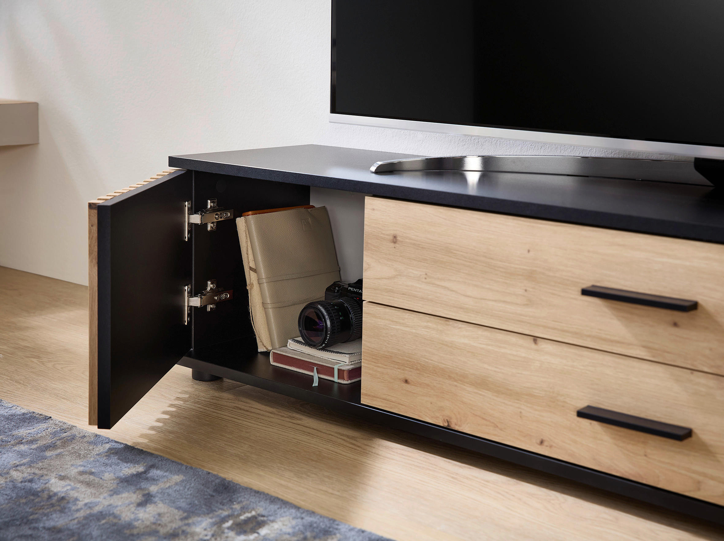 Thumbnail - Boxxx Lowboard, Schwarz, Eiche Artisan, Kunststoff, 2 Schubladen, 180x30x30 cm, stehend, hängend, Wohnzimmer, Wohnwände,...