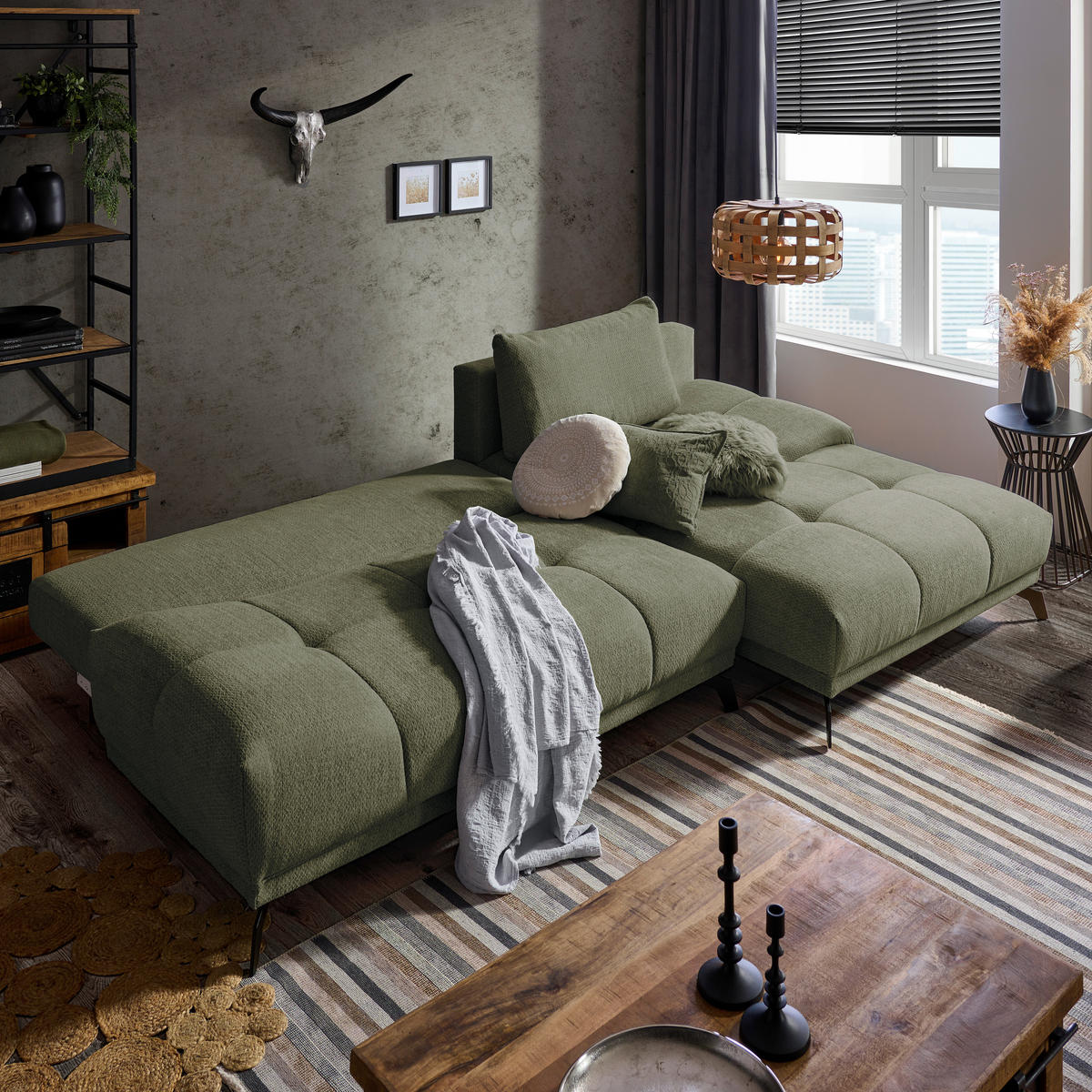 ECKSOFA in Chenille Olivgrün  - Schwarz/Olivgrün, Modern, Textil/Metall (290/182cm) - Hom`in