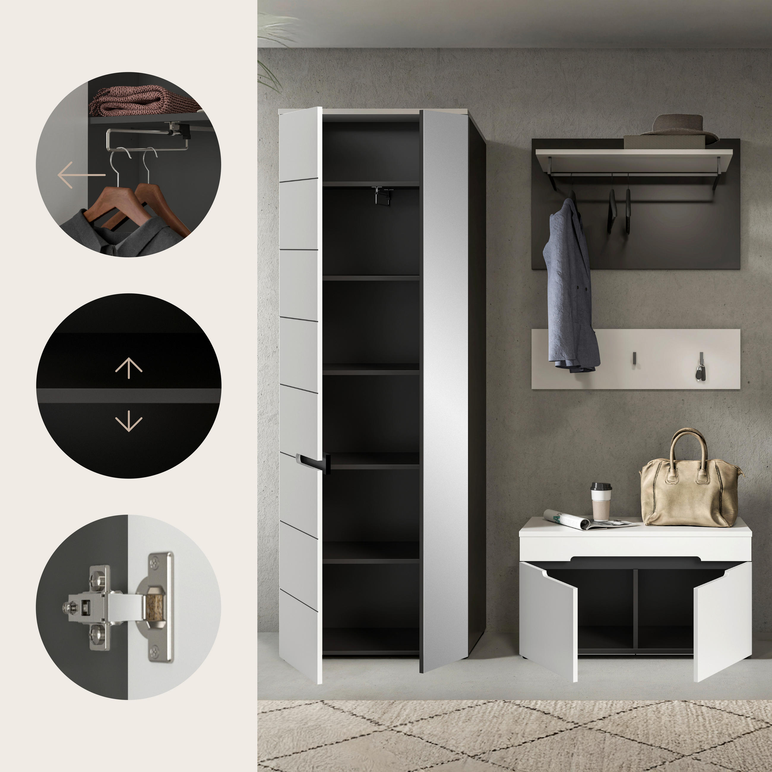 Thumbnail - Livetastic Garderobe, Grau, Weiß, Holzwerkstoff, 3-teilig, 160x190x37 cm, FSC Mix, Garderobe, Garderoben-Sets & Serien, ...