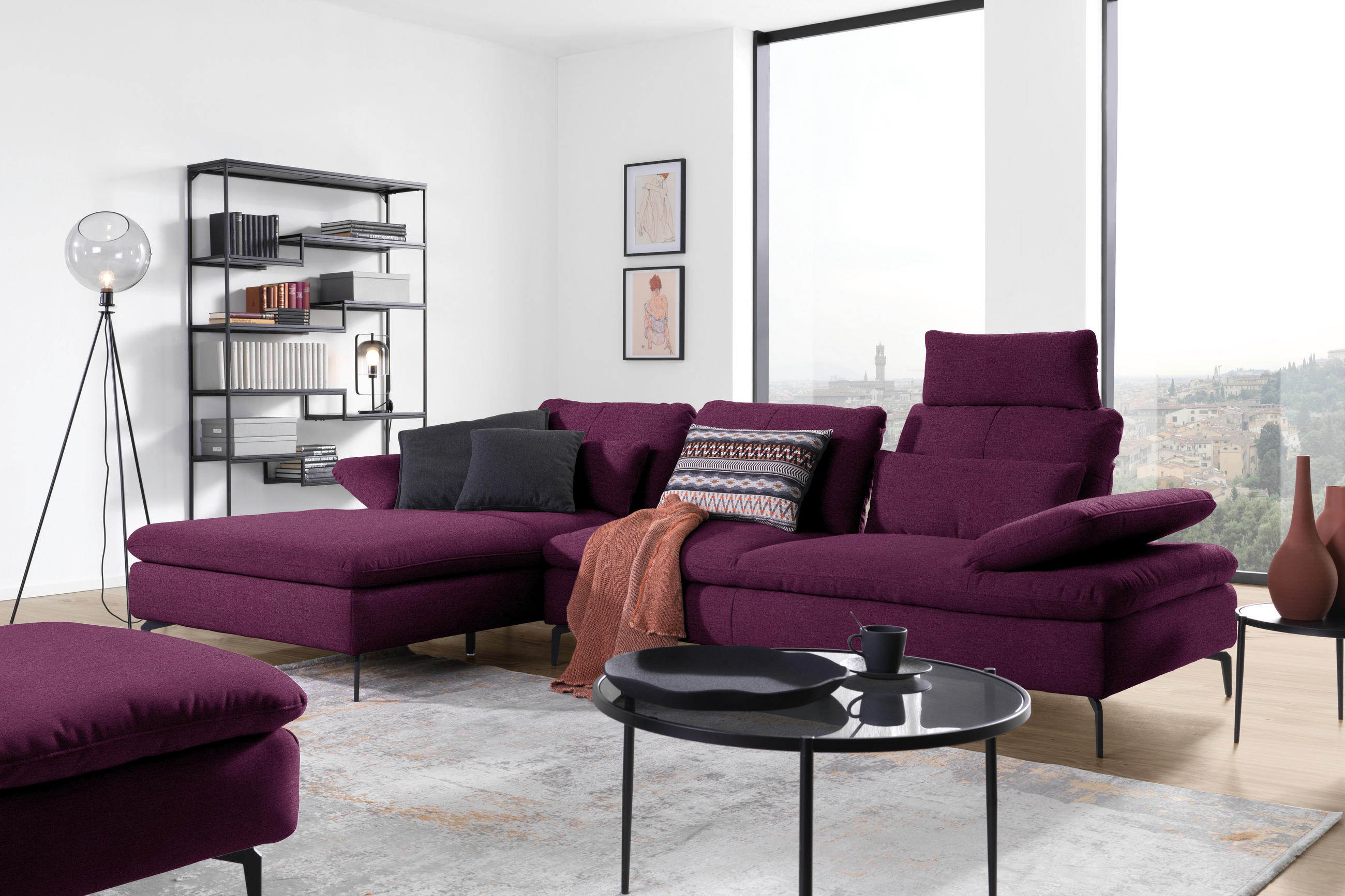 ECKSOFA in Webstoff Violett  - Violett/Schwarz, Design, Textil/Metall (179/301cm) - Chilliano