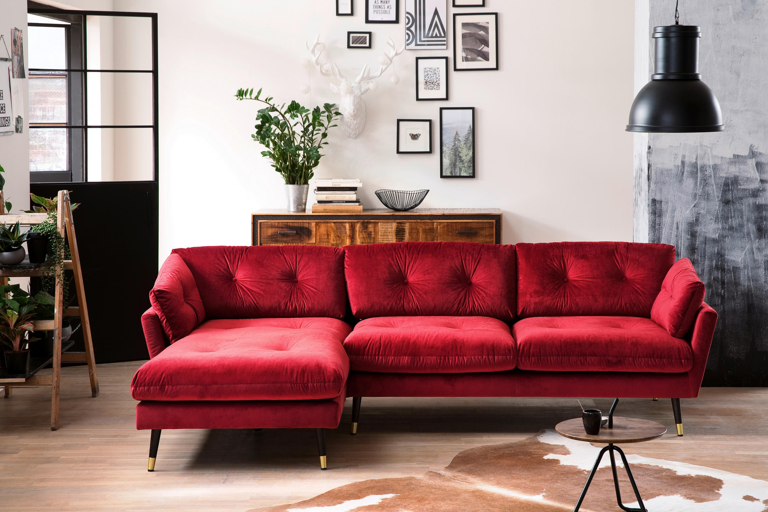 ECKSOFA Eckteil  JAPAN-REC.2S Dunkelrot Samt  - Dunkelrot, MODERN, Holz/Textil (269/155cm) - MID.YOU