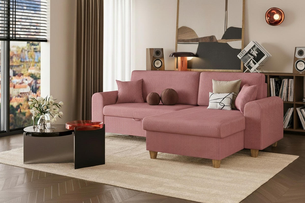 ECKSOFA CORD Koralle Velours  - Koralle/Beige, Design, Holz/Textil (237/124cm) - MID.YOU