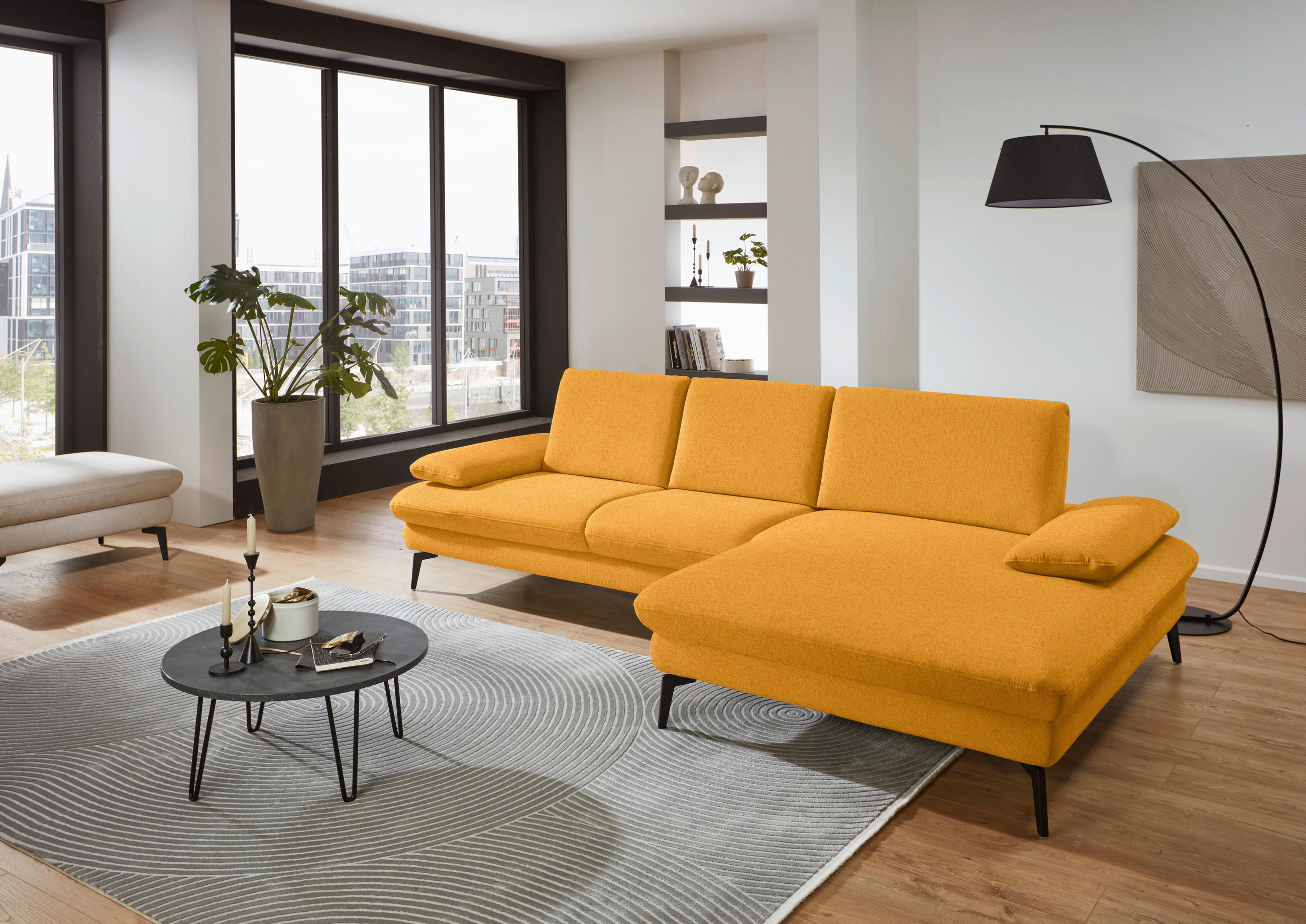 ECKSOFA in Chenille, Mikrofaser Currygelb  299/157 cm  - Currygelb/Schwarz, Design, Textil/Metall (299/157cm) - Dieter Knoll