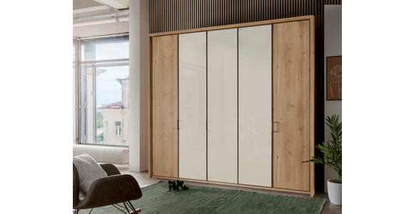 DREHTÜRENSCHRANK 250/216/58 cm 5-türig Champagner, Eiche Bianco - Schieferfarben/Eiche Bianco, KONVENTIONELL, Glas/Holzwerkstoff (250/216/58cm) - Novel
