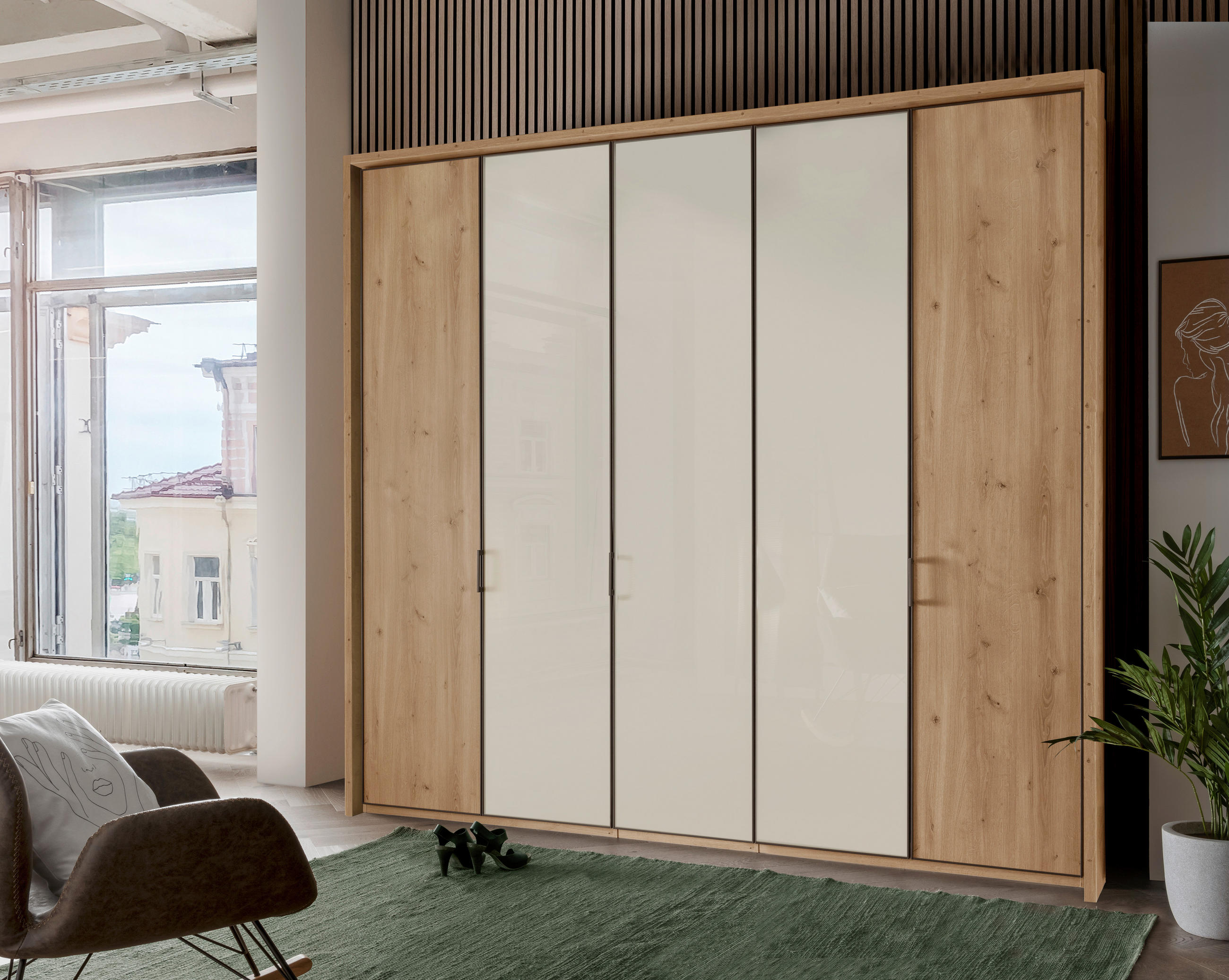DREHTÜRENSCHRANK in Champagner, Eiche Bianco  - Schieferfarben/Eiche Bianco, Konventionell, Glas/Holzwerkstoff (250/216/58cm) - Novel