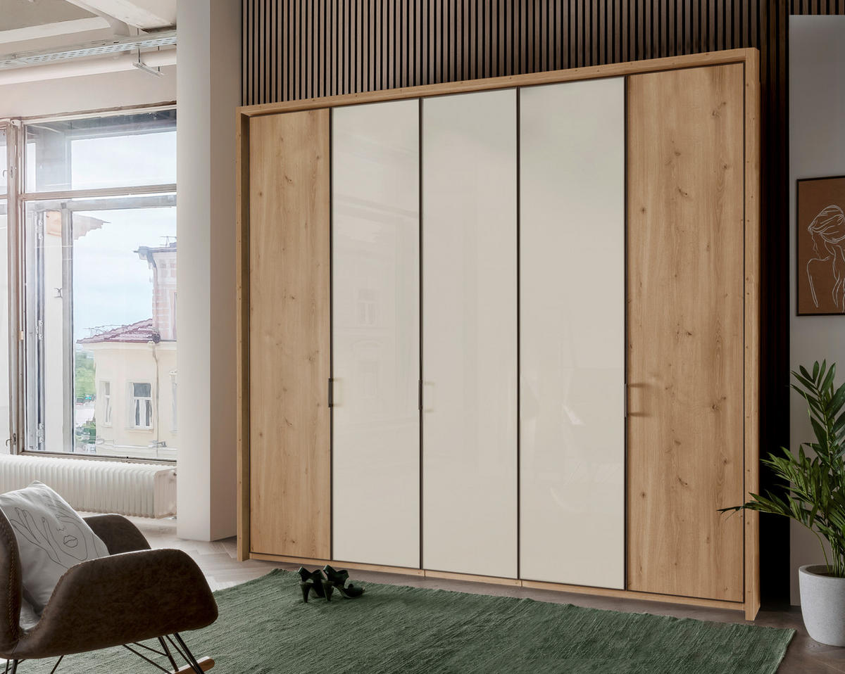 DREHTÜRENSCHRANK in Champagner, Eiche Bianco  - Schieferfarben/Eiche Bianco, Konventionell, Glas/Holzwerkstoff (250/216/58cm) - Novel
